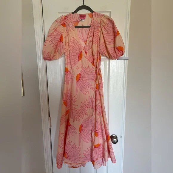 Kate Spade Falling Flower Wrap Midi Dress Pink Orange Puff Sleeve Size 4 - Picture 3 of 16